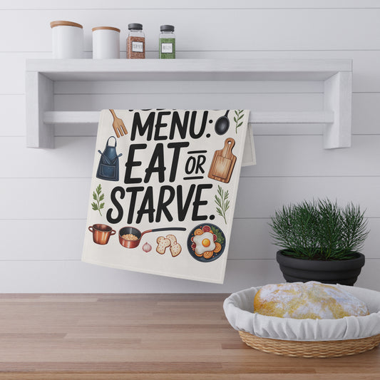 Rustic Kitchen Tea Towels – Funny “Eat or Starve” Cooking Decor & Gift for Foodies